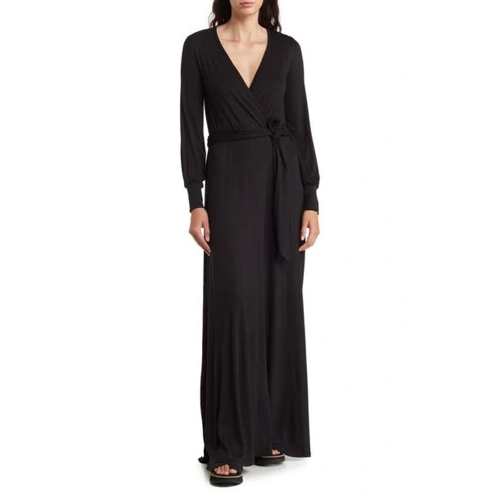 GO COUTURE Long Sleeve Maxi Long Sleeve Surplice Belted Black Dress Womens Med
